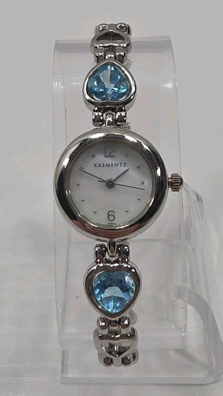 Krementz Silver Tone Women's Watch Blue Crystal Hearts Band New Battery W341